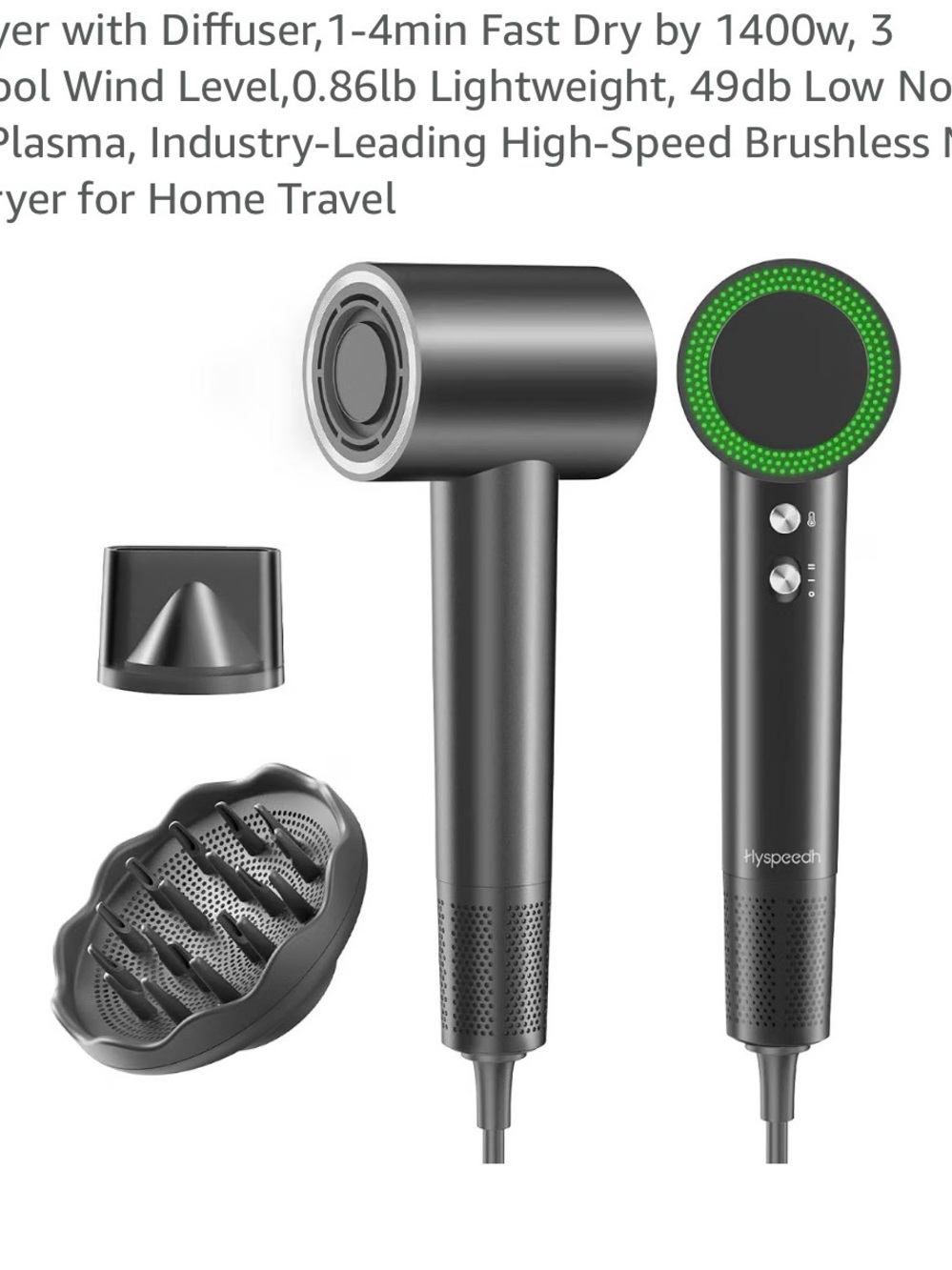 Hyspeech Matte Black Hair Dryer with Diffuser